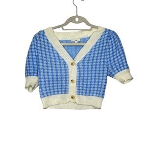 Endless Blu Blue & Cream Cropped Puff-Sleeve Cardigan Sweater – Size S